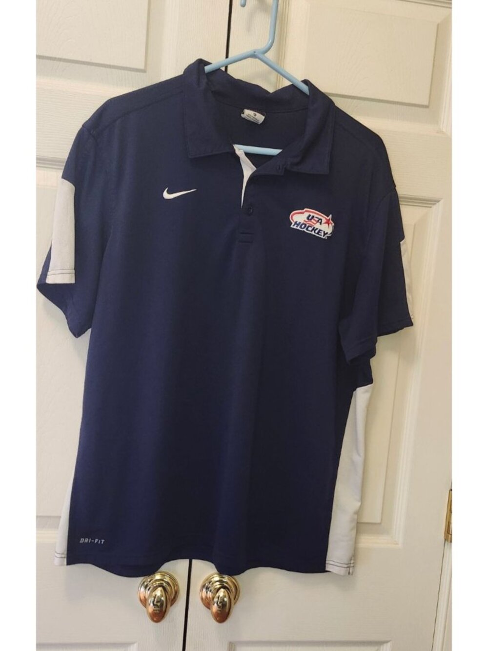 Men Nike Navy Blue White USA Hockey Dri-Fit Short Sleeve Polo Shirt Size XL